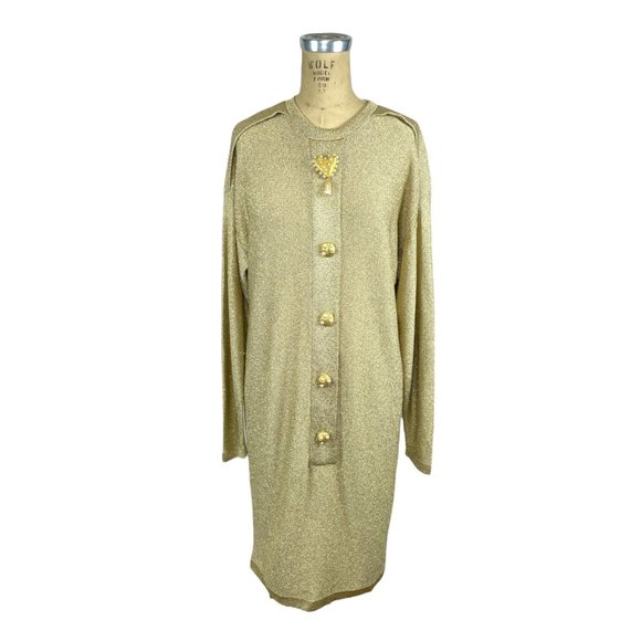 1980s gold metallic knit dress with pearl studded gold buttons Steve Fabrikant - Picture 2 of 7